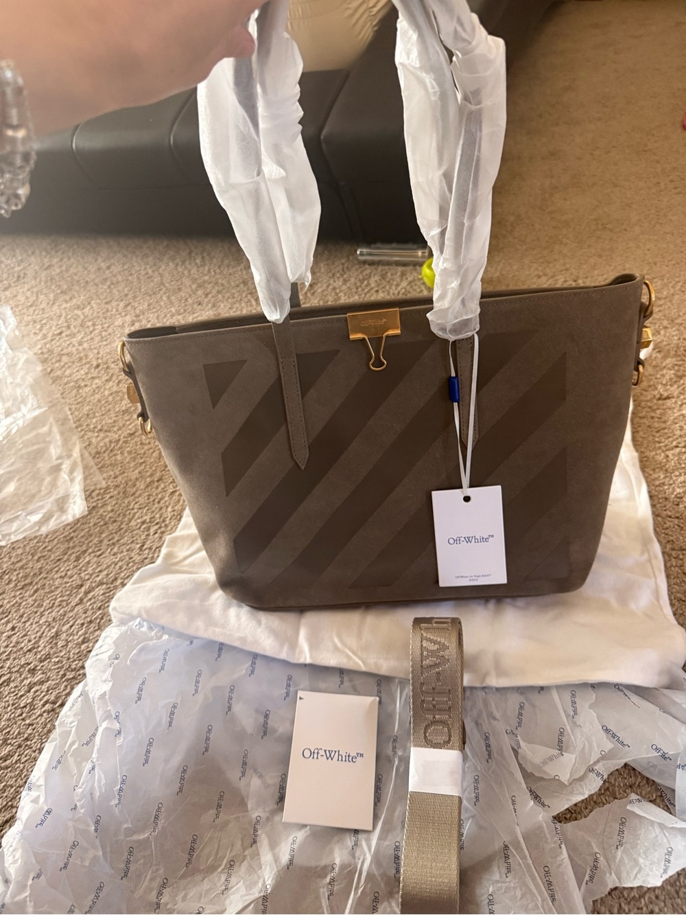 Off-White Taupe Diagonal Stripe Shoulder Tote with Gold Hardware